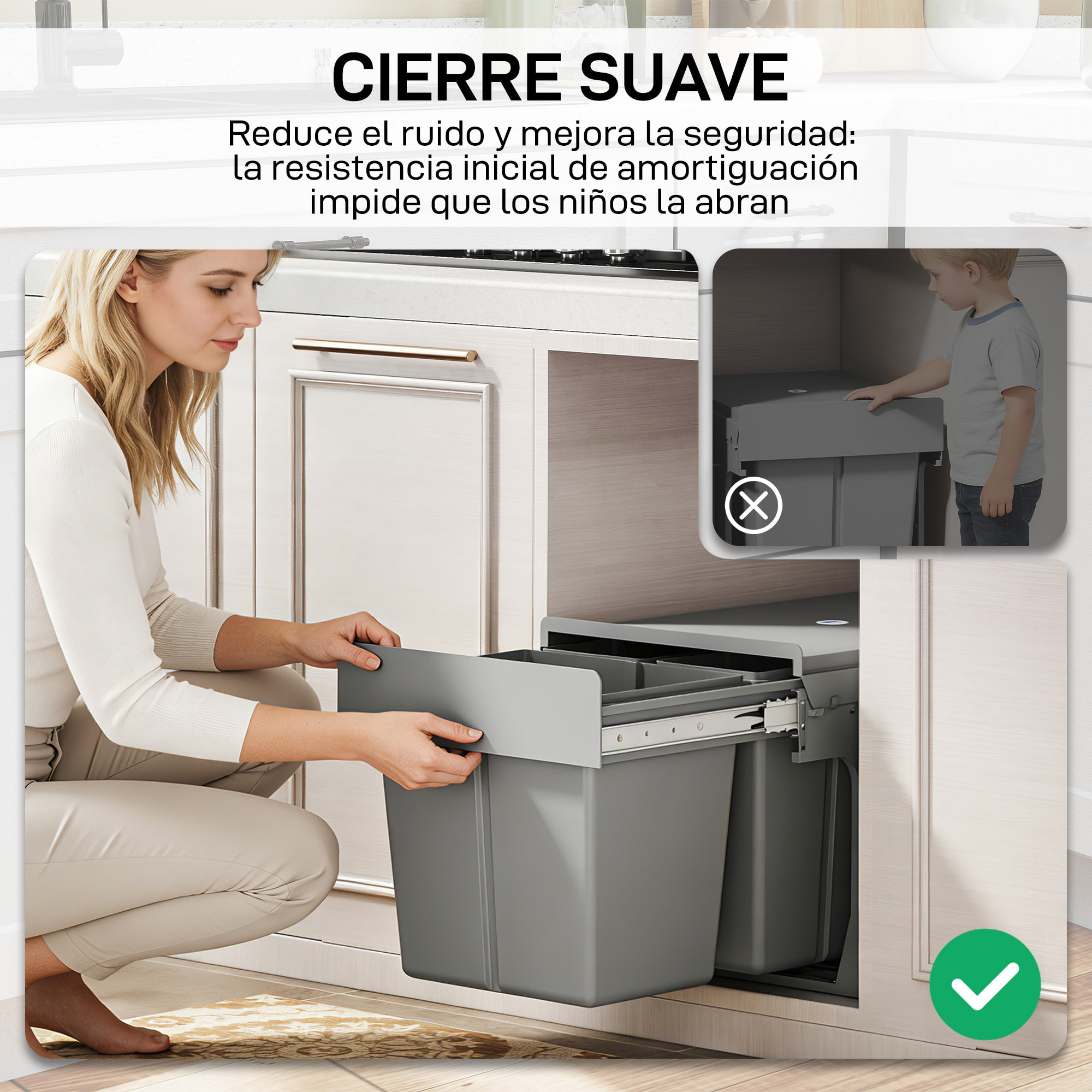 Cubo de Basura bajo Fregadero, Cubos de Basura con 3 Contenedores de Reciclaje Extraíbles, Capacidad Total 31L (15L+8Lx2), Fijación Inferior, para Reciclaje y Residuos, Gris Claro