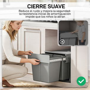 Cubo de Basura bajo Fregadero, Cubos de Basura con 3 Contenedores de Reciclaje Extraíbles, Capacidad Total 31L (15L+8Lx2), Fijación Inferior, para Reciclaje y Residuos, Gris Claro