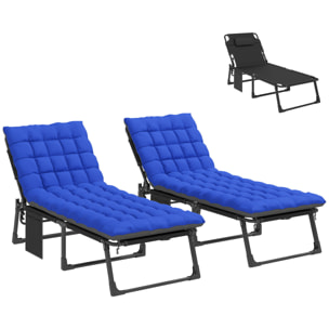 Set de 2 Tumbonas Jardín Exterior, Tumbonas Plegables con Cojines, Respaldo Reclinable 5 Posiciones, Asiento Extra Ancho de Textilene, Bolsillo Lateral y Reposacabezas para Playa, Azul