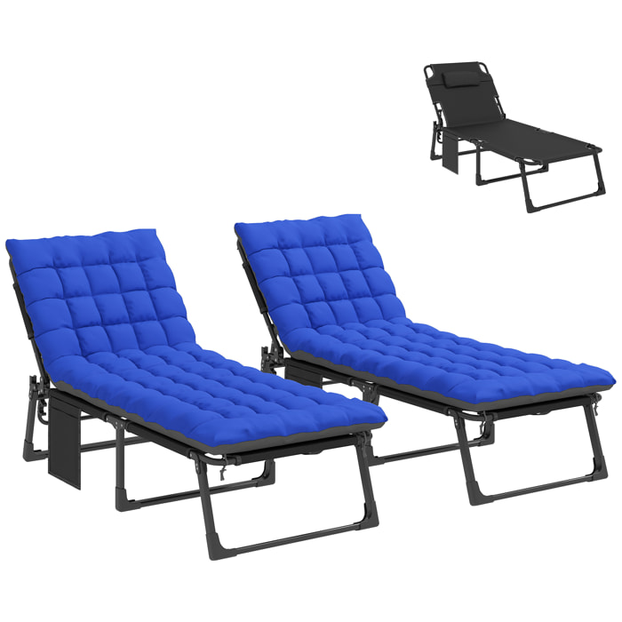 Set de 2 Tumbonas Jardín Exterior, Tumbonas Plegables con Cojines, Respaldo Reclinable 5 Posiciones, Asiento Extra Ancho de Textilene, Bolsillo Lateral y Reposacabezas para Playa, Azul