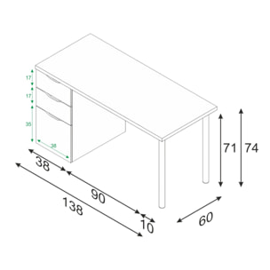 Scrivania Filadelfia, Scrittoio multifunzione da ufficio reversibile, Tavolo da studio con cassettiera a 2 cassetti e 1 anta, cm 138x60h74, Bianco