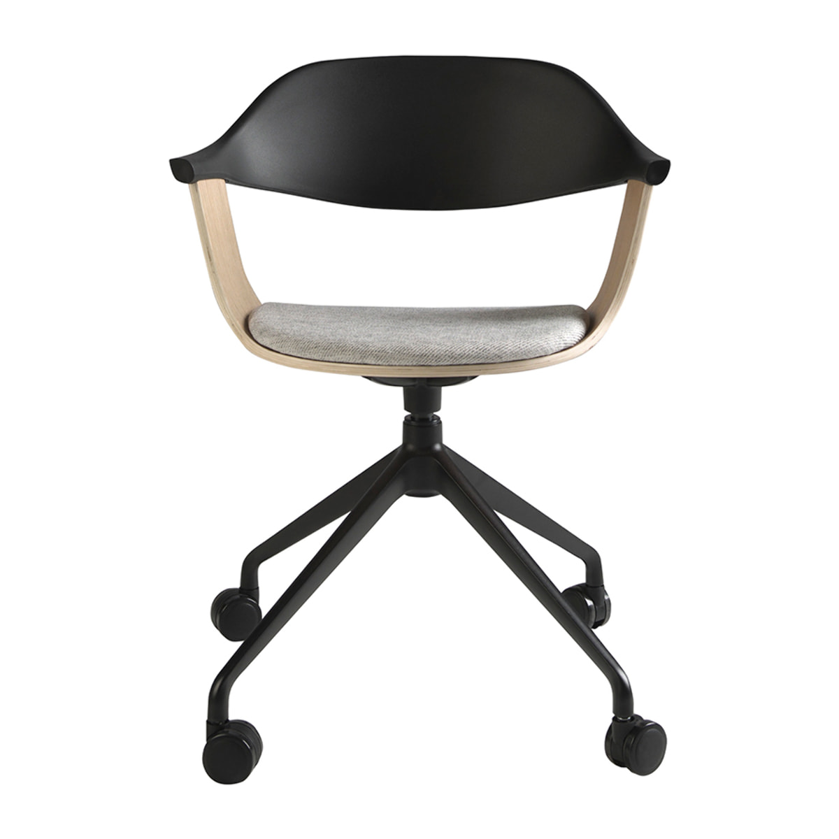 Silla oficina giratoria con asiento tapizado en tela gris claro y respaldo de pvc negro 59x50x76cm