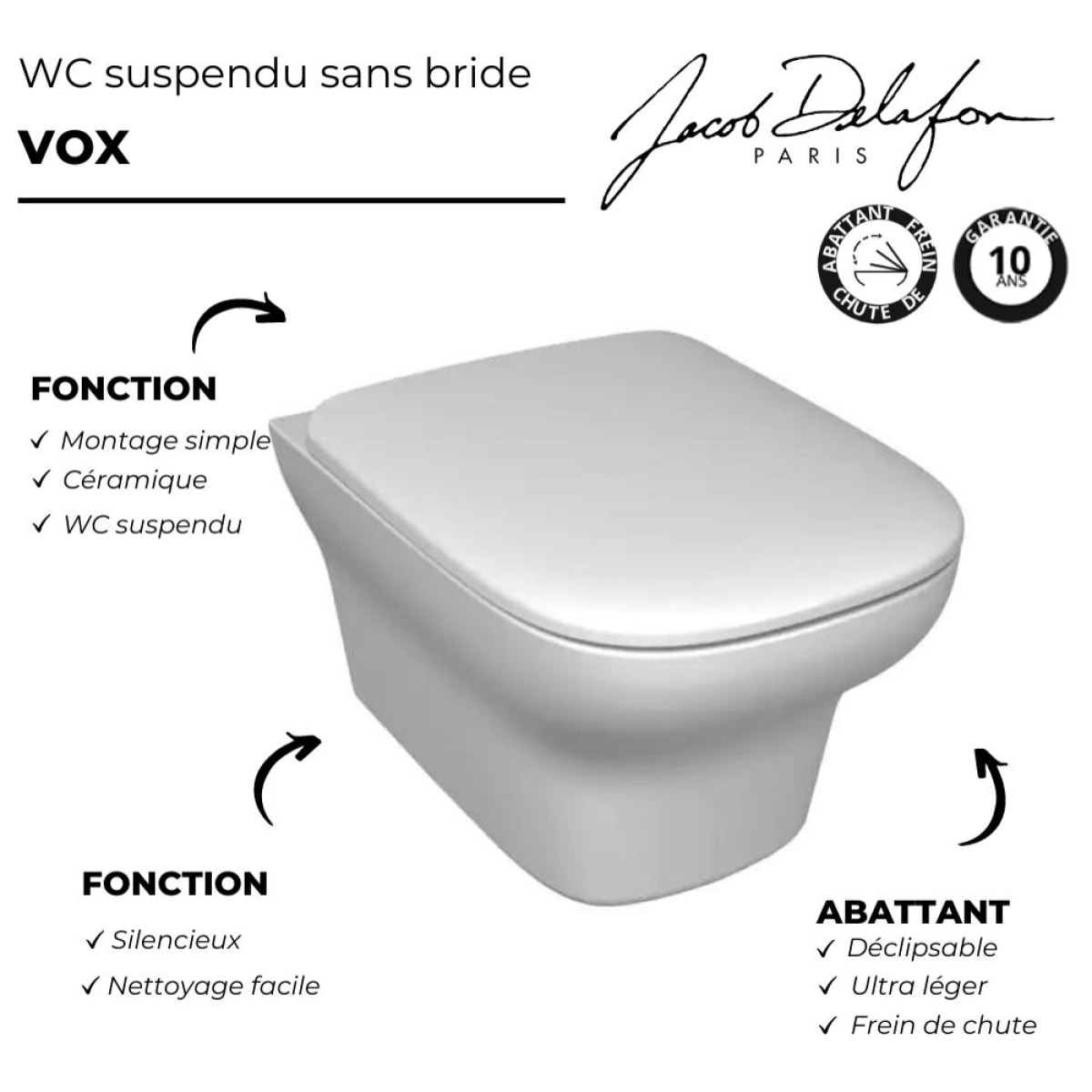 WC suspendu sans bride Vox + bâti support + abattant + plaque blanche