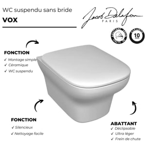 WC suspendu sans bride Vox + bâti support + abattant + plaque blanche