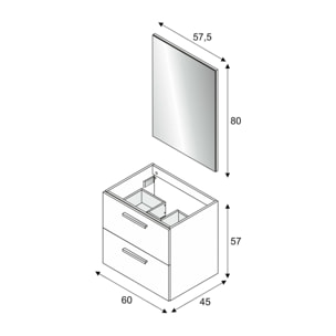 Mobile sottolavabo Fontana, Mobiletto per bagno a 2 cassetti, Armadietto sospeso con specchio, lavabo non incluso, cm 60x45h57, Rovere