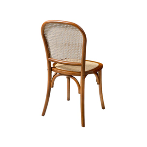 Lot de deux chaises naturelles vintage en bois effet noyer avec assise et dossier en rotin