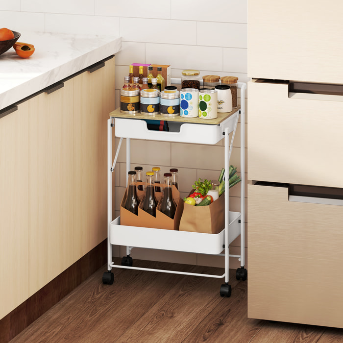 Carrito Auxiliar con Ruedas de 2 Niveles Carro de Cocina Estrecho con 1 Cajón y 1 Cesta Carrito Organizador para Dormitorio Salón Oficina Blanco