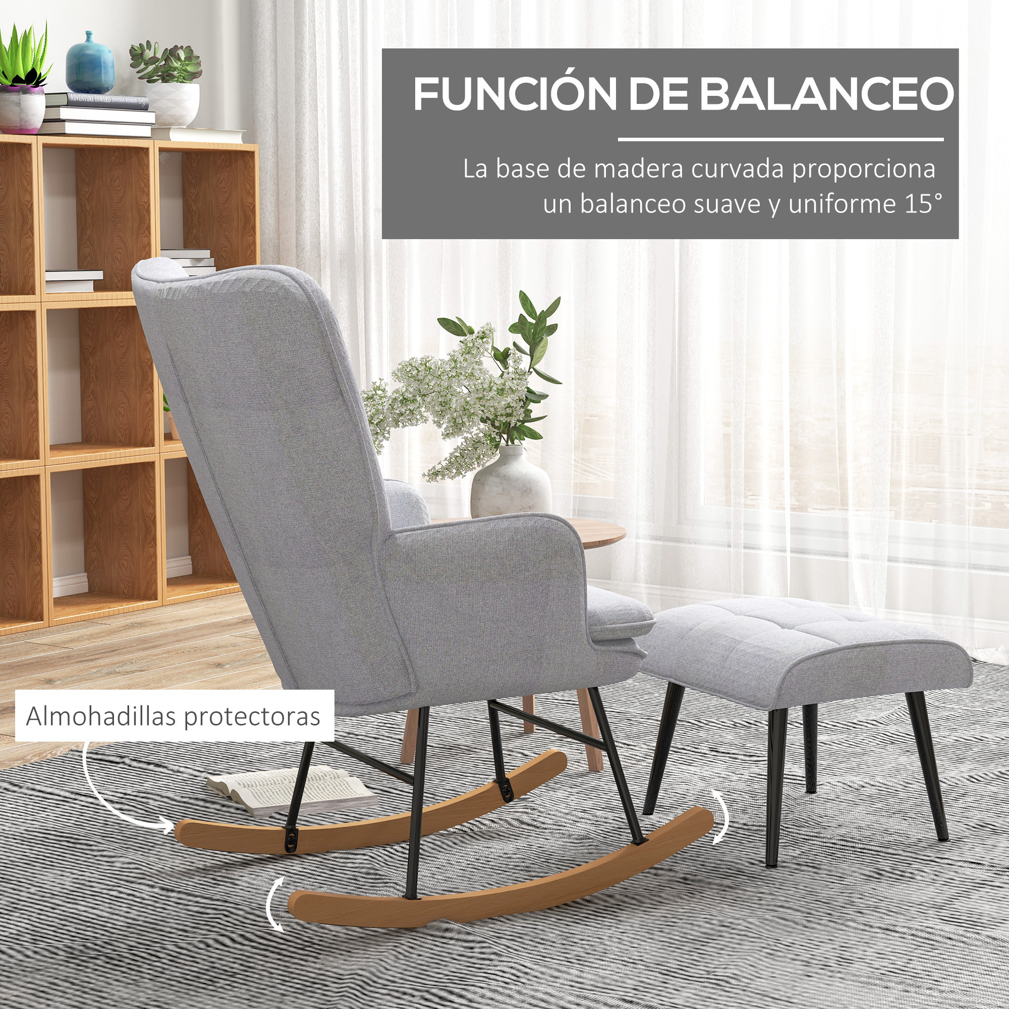 Silla Mecedora con Reposapiés, Sillón de Relax, con Cojín Acolchado, Respaldo Alto, Reposabrazos y Patas de Madera, Carga 130 kg, para Salón, Dormitorio, Gris Claro