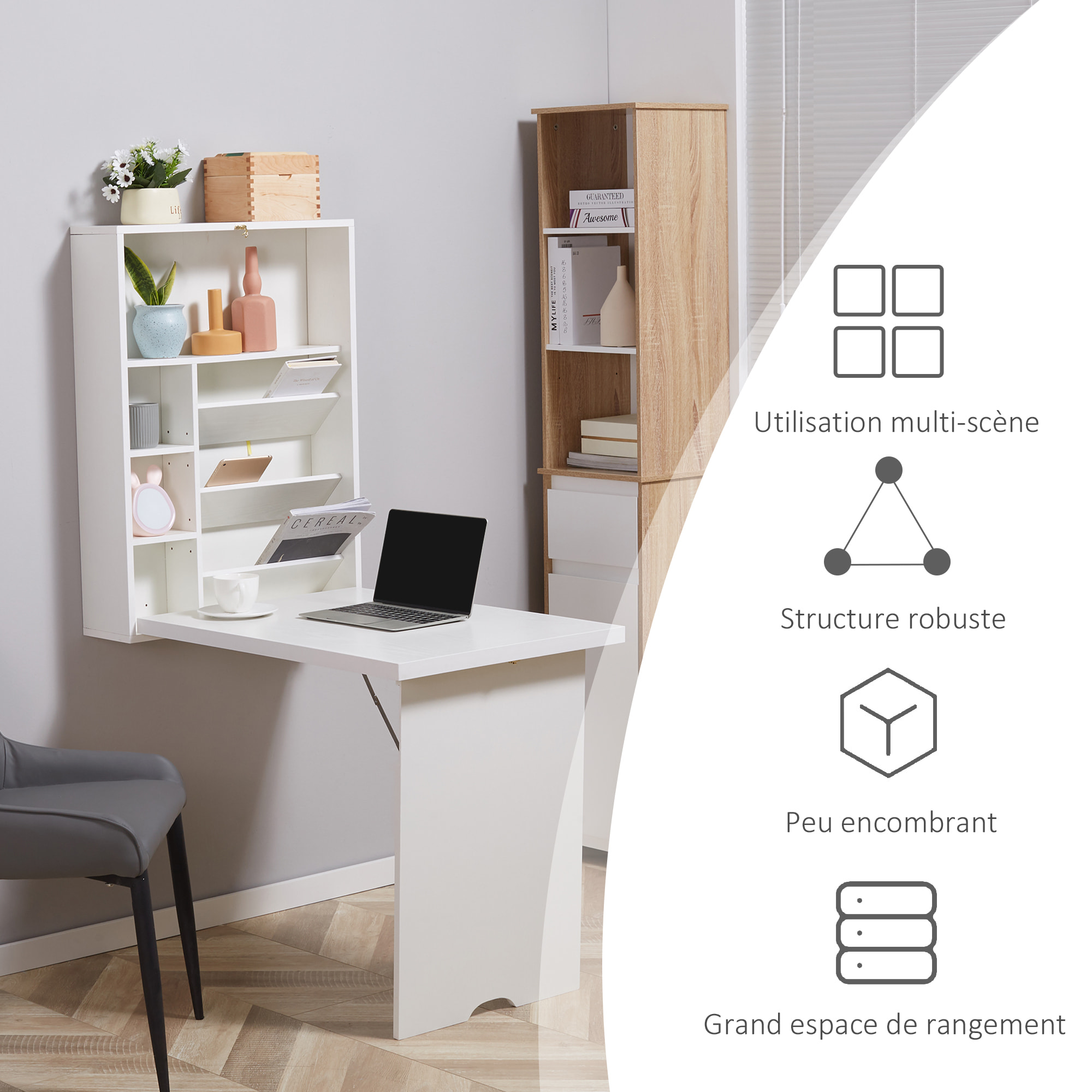 Bureau pliable rabattable - bureau bibliothèque 2 en 1 - étagères - blanc