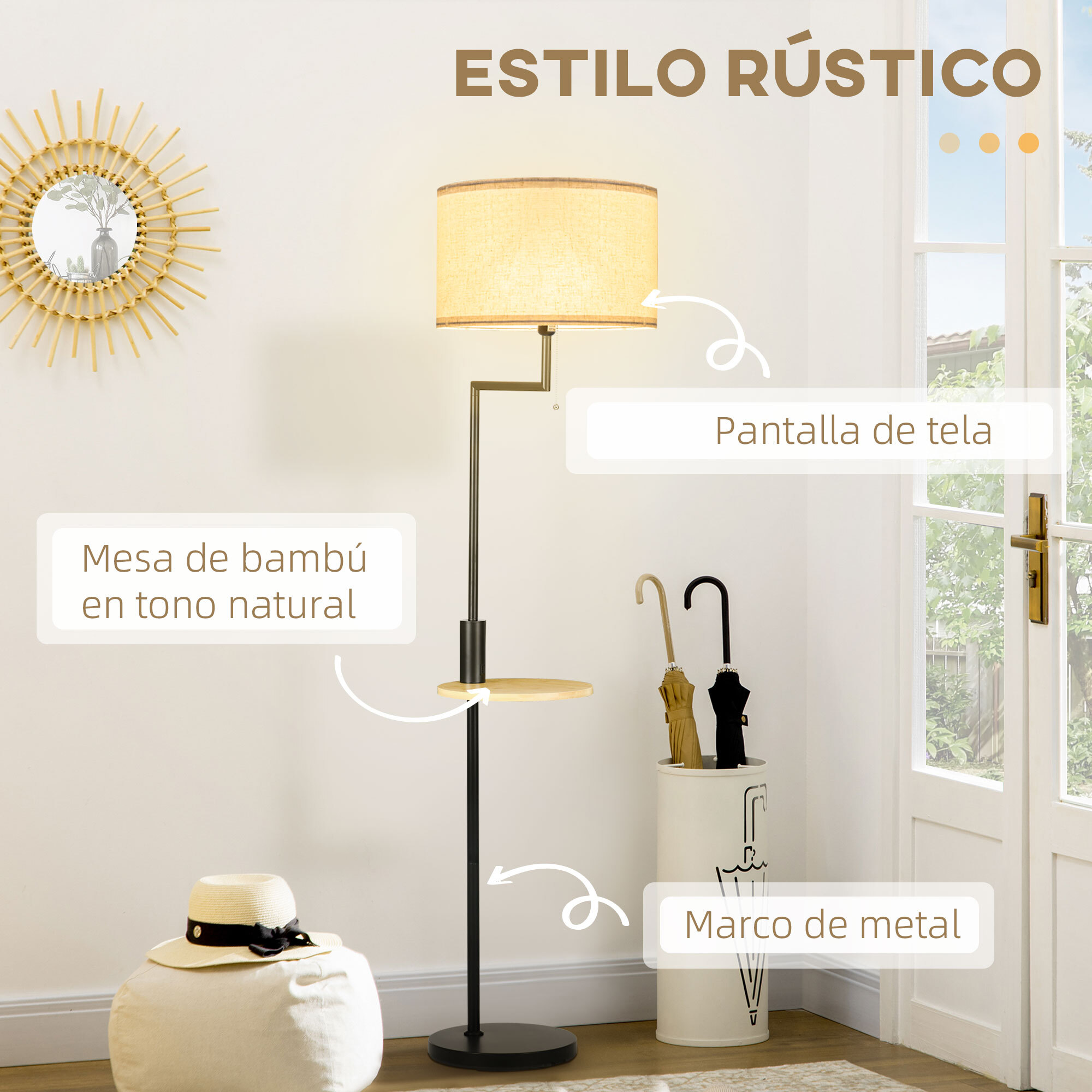 HOMCOM Lámpara de Pie con Mesita Auxiliar Lámpara con Estante Cargador USB Casquillo E27 Máx. 40W con Pantalla de Lino Interruptor de Cadena para Salón Ø40x168 cm Natural