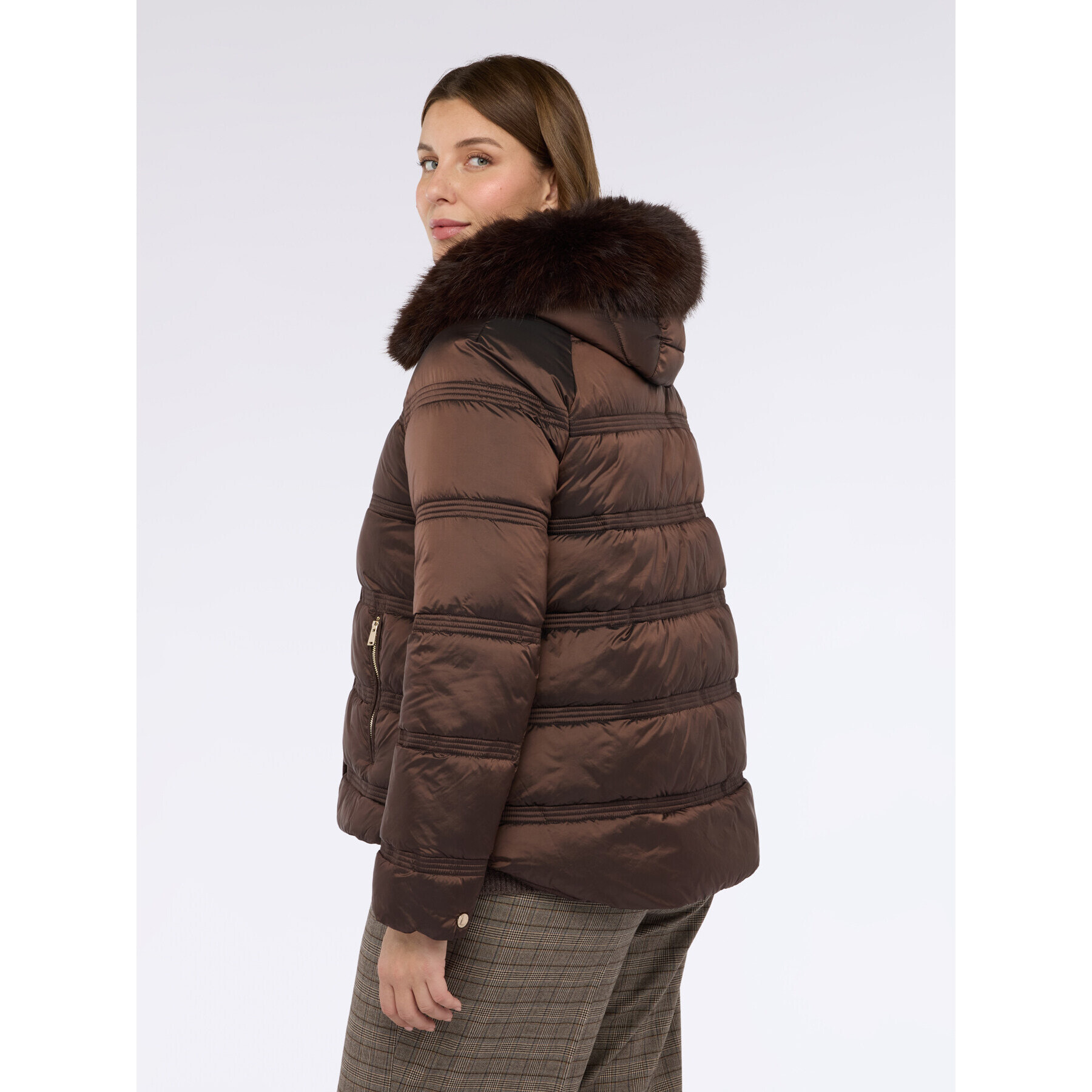 Fiorella Rubino - Plumífero con capucha de peluche - Marrón