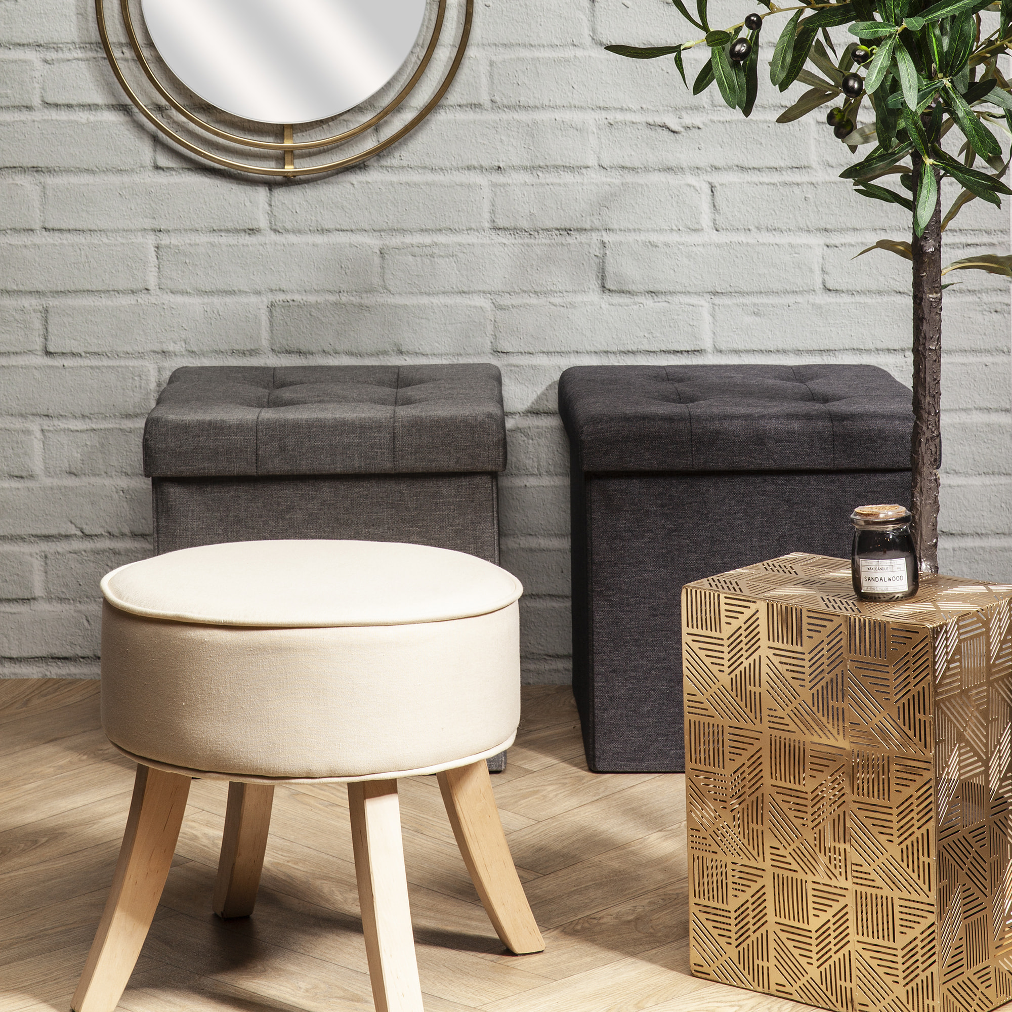 Coffre Pouf Pliable Tissu Gris Fonce