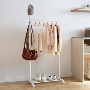 Burro Ropa con Ruedas, Perchero Burro Ropa con 5 Ganchos Barra para Colgar y Balda Inferior Perchero para Recibidor, Entrada, Dormitorio, 68x43x171 cm, Blanco