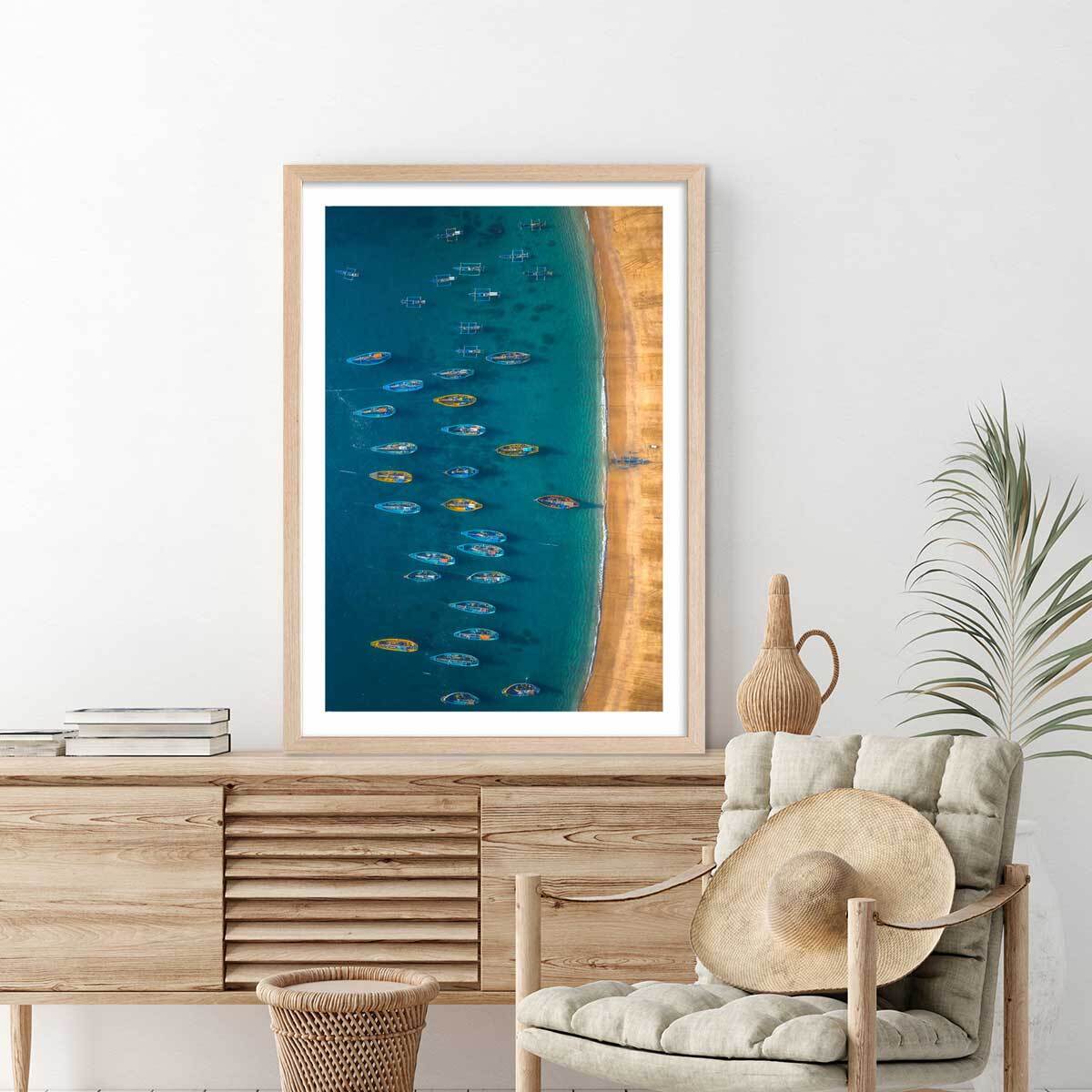 Poster bateaux de pêche Affiche + cadre en bois - Chêne