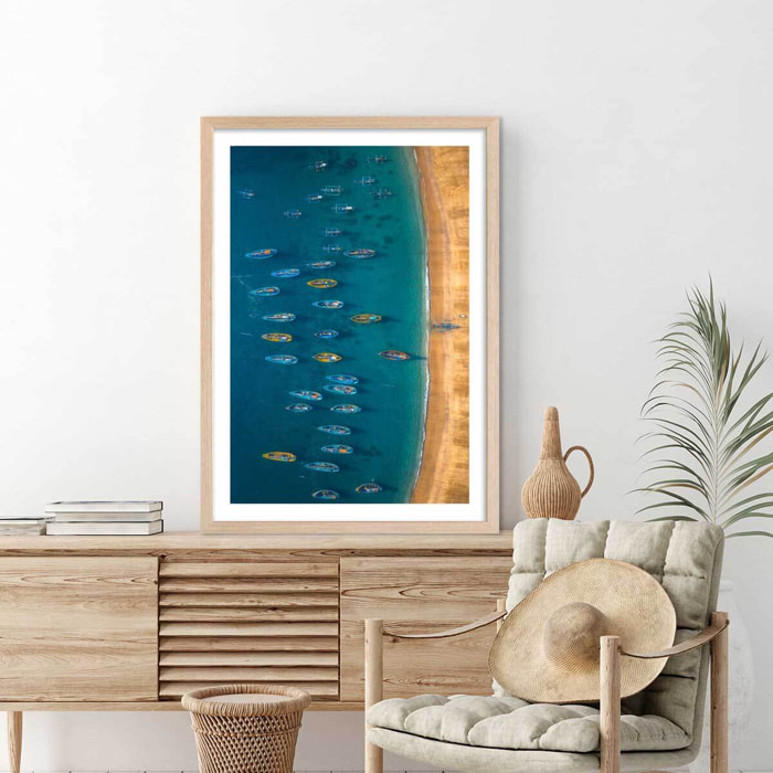 Poster bateaux de pêche Affiche + cadre en bois - Chêne