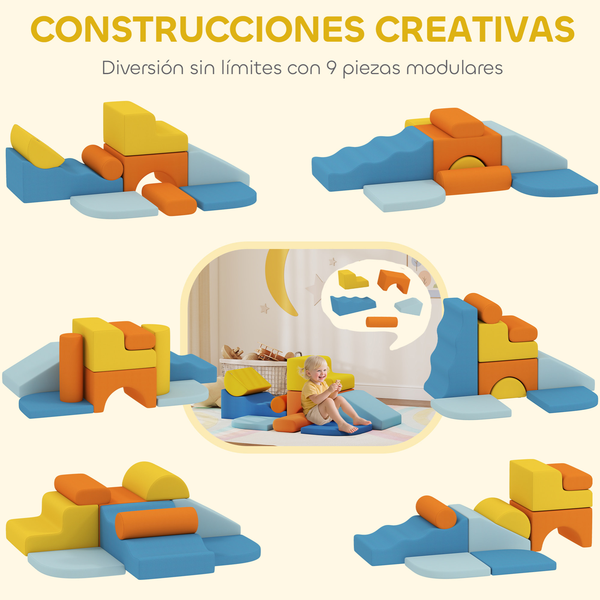 Juego de 9 Bloques de Espuma para Niños, Bloques de Psicomotricidad con Fundas de Terciopelo Lavables, Set de Escalada para Interior, para Escalar y Gatear, Multicolor