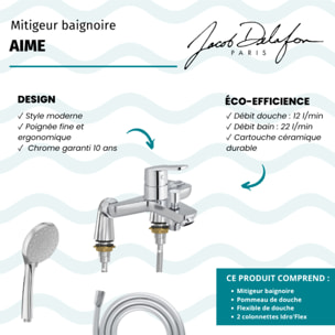 Mitigeur baignoire Aimé + pommeau de douche Awaken + flexible de douche lisse + colonnettes Idro'Flex