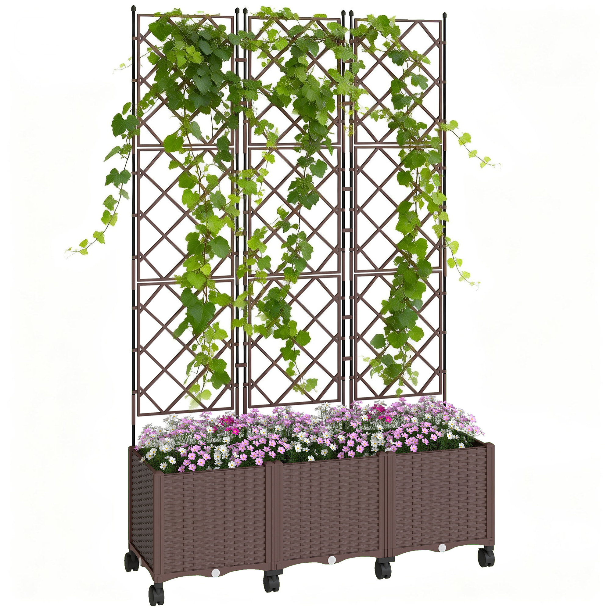 Jardinera con Enrejado, Jardinera Exterior Grande con Ruedas para Plantas Trepadoras, con Ofricios de Drenaje y Tapones, Macetero Elevado para Jardín, Patio, Terraza, 120x40x192 cm, Marrón