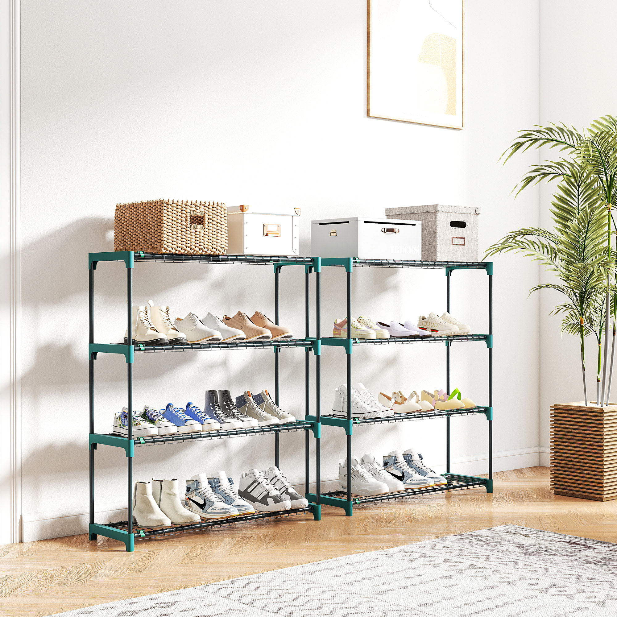 Juego de 2 Soportes para Plantas de 4 Niveles para Interior y Exterior, Estanterías para Plantas de Acero con Conectores para Fácil Montaje, Estantes para Macetas, Jardín, Balcón, Verde