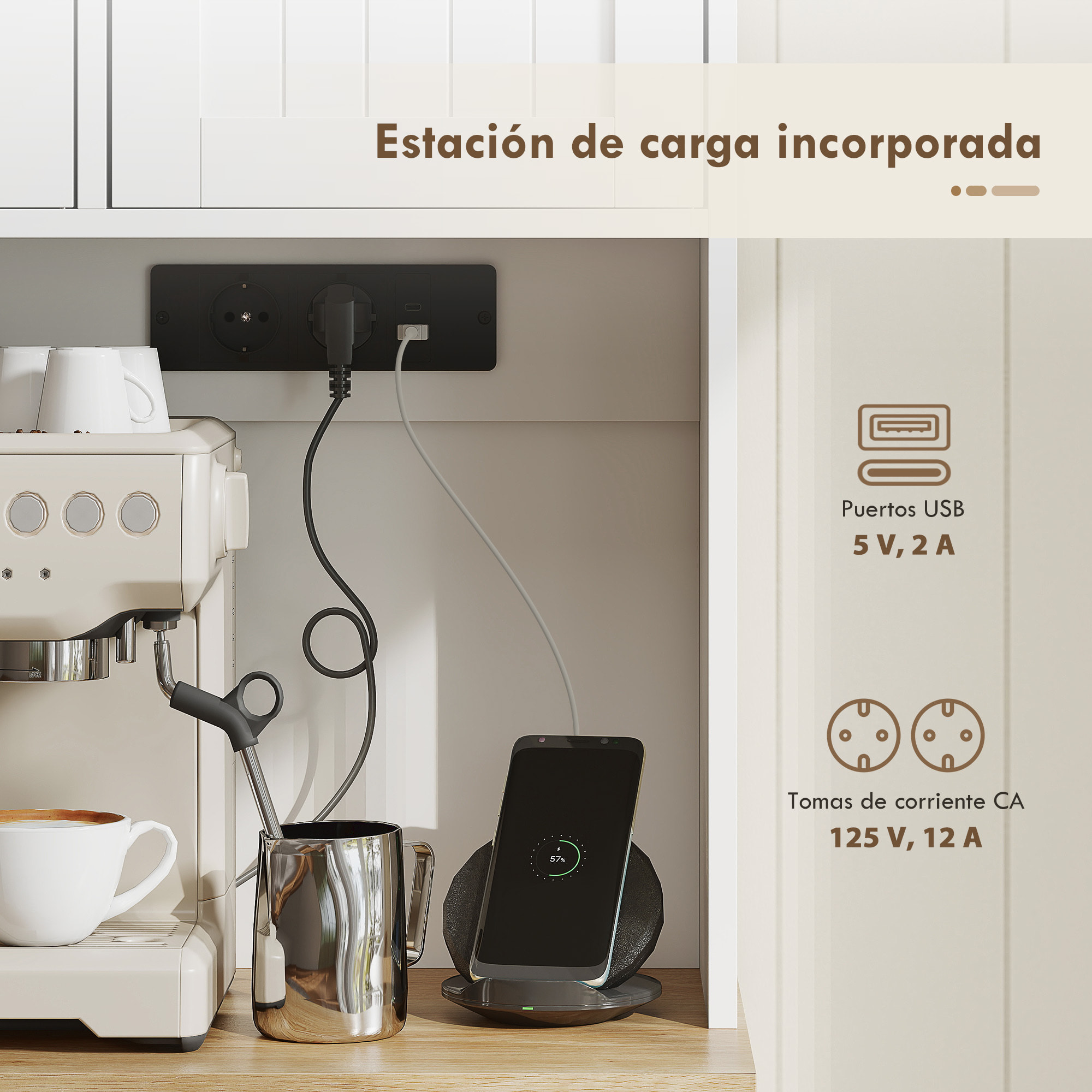 Alacena de Cocina Alta con Estación de Carga, Mueble Auxiliar de Cocina, 6 Puertas, Cajón, Estantes Ajustables, 4 Estantes para Especias, Encimera Amplio, para Comedor, 100x40x173 cm, Blanco