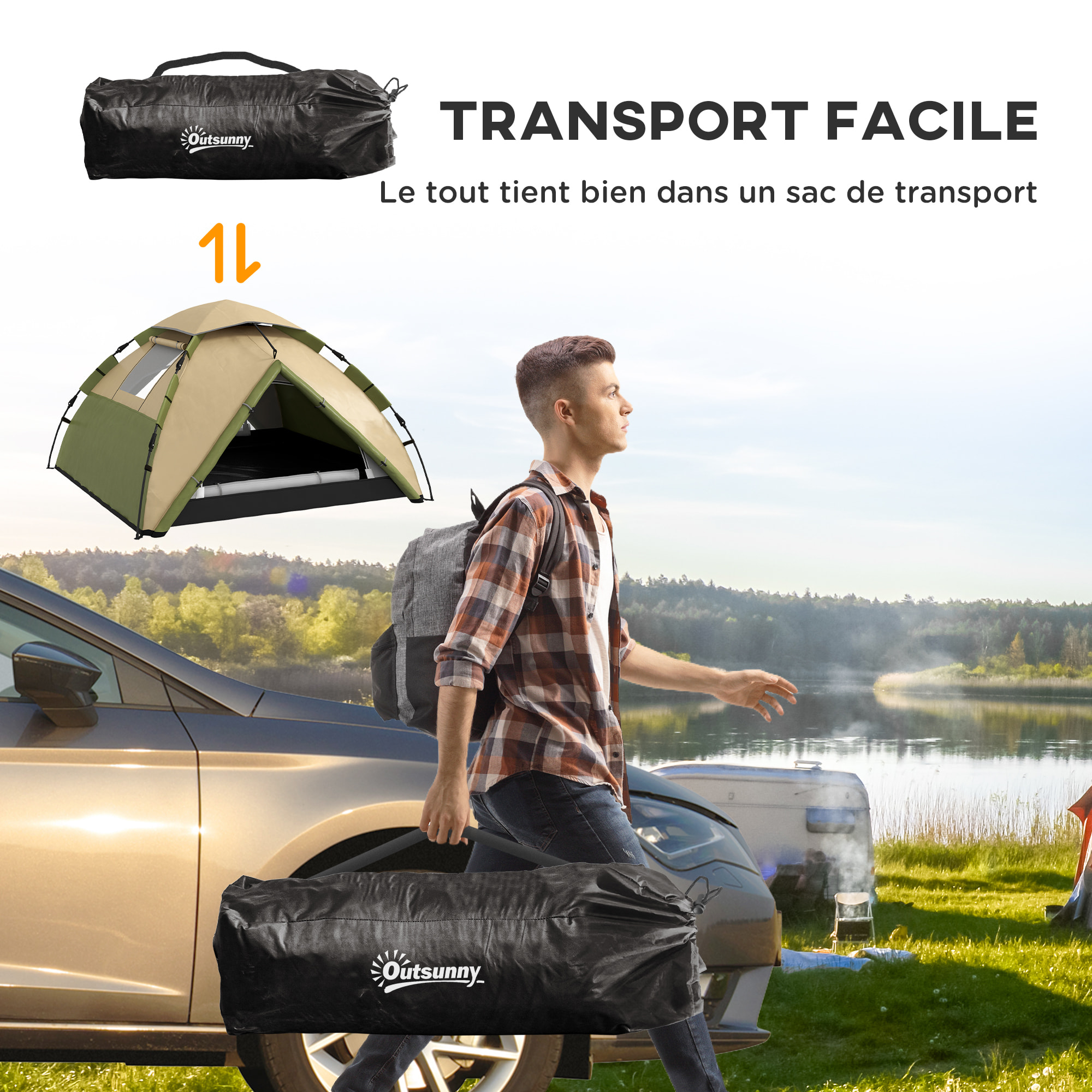 Tente de camping familiale 3-4 pers. tente dôme étanche 2000 mm sac de transport vert marron