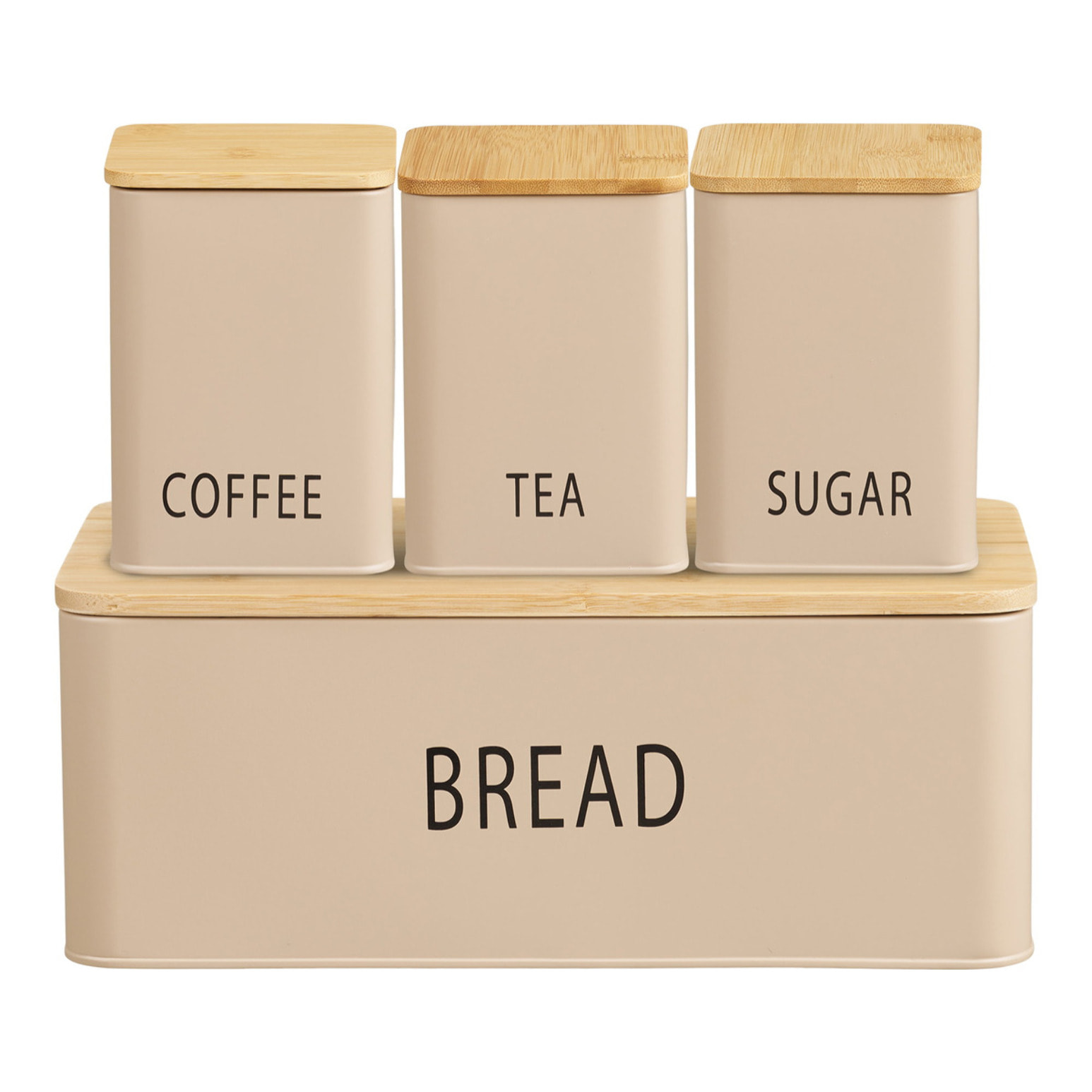 Set cucina Tula: panettiera e 3 contenitori in metallo beige e bambù