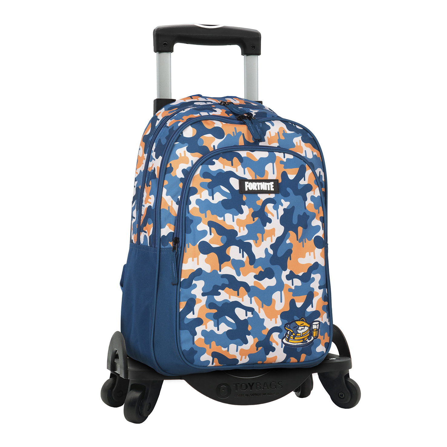 Fortnite Blue Camo mochila primaria doble compartimento + carro  con protección lateral y stoper frontal, 4 ruedas multidireccionales.