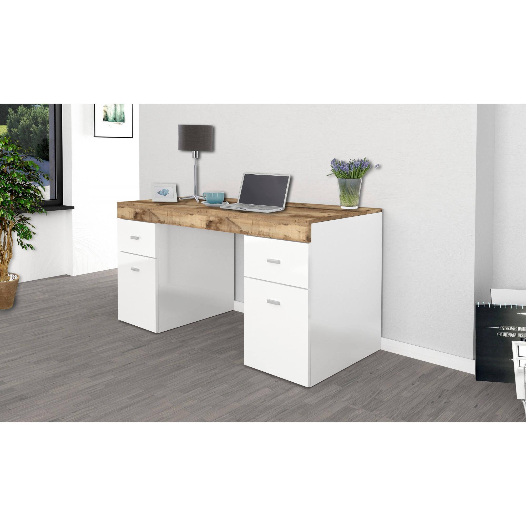 Scrivania per ufficio con cassettiera e piano contenitore, Made in Italy, Tavolo minimal, Scrittoio porta PC, cm 130x60h75, colore Bianco lucido e Acero