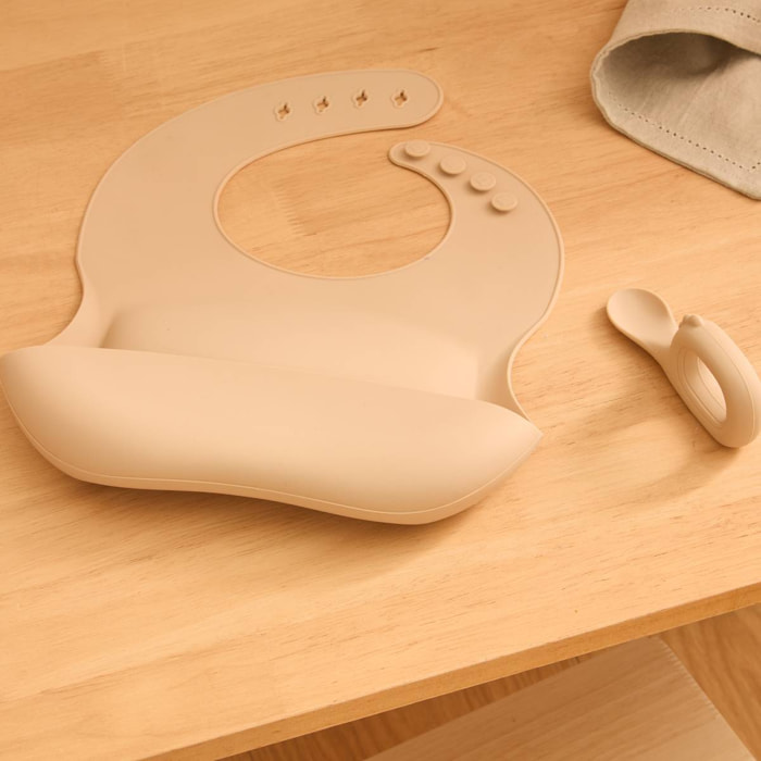 Set bavoir et cuillère Yum silicone beige
