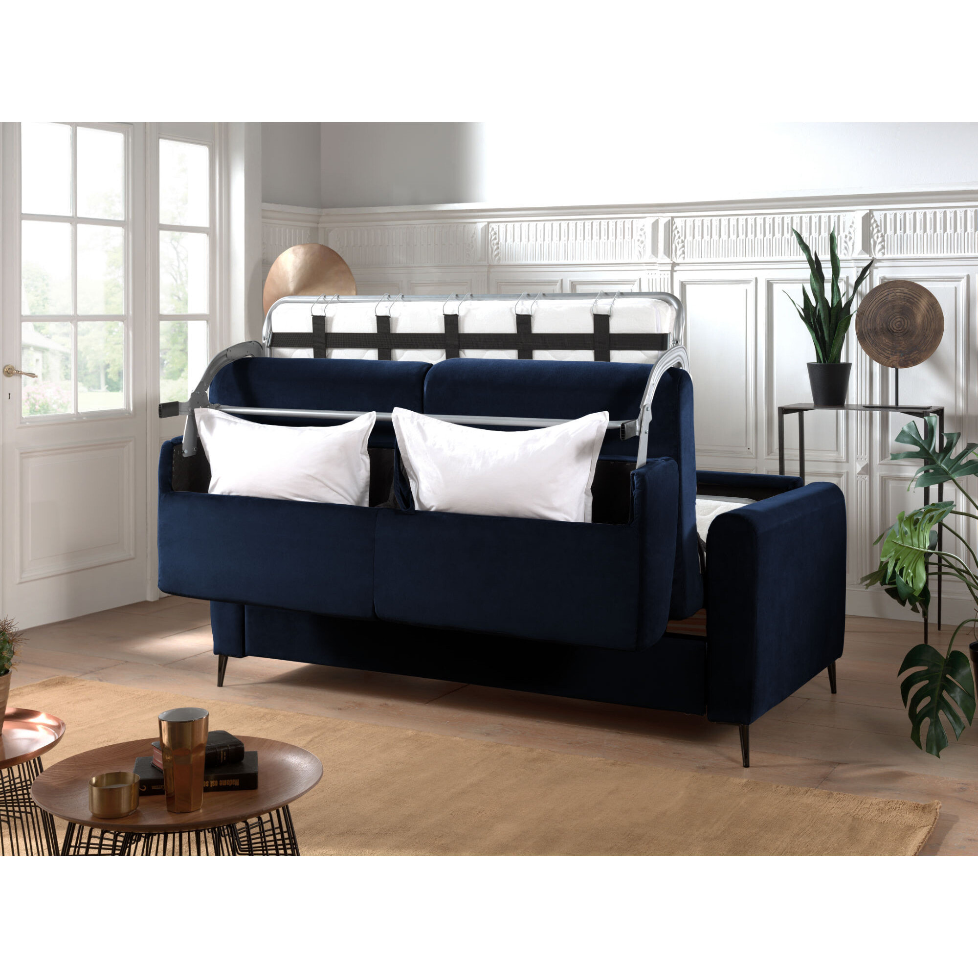Owen - canapé lit 3 places convertible express couchage quotidien 140 cm matelas 12 cm en velours - Bleu nuit