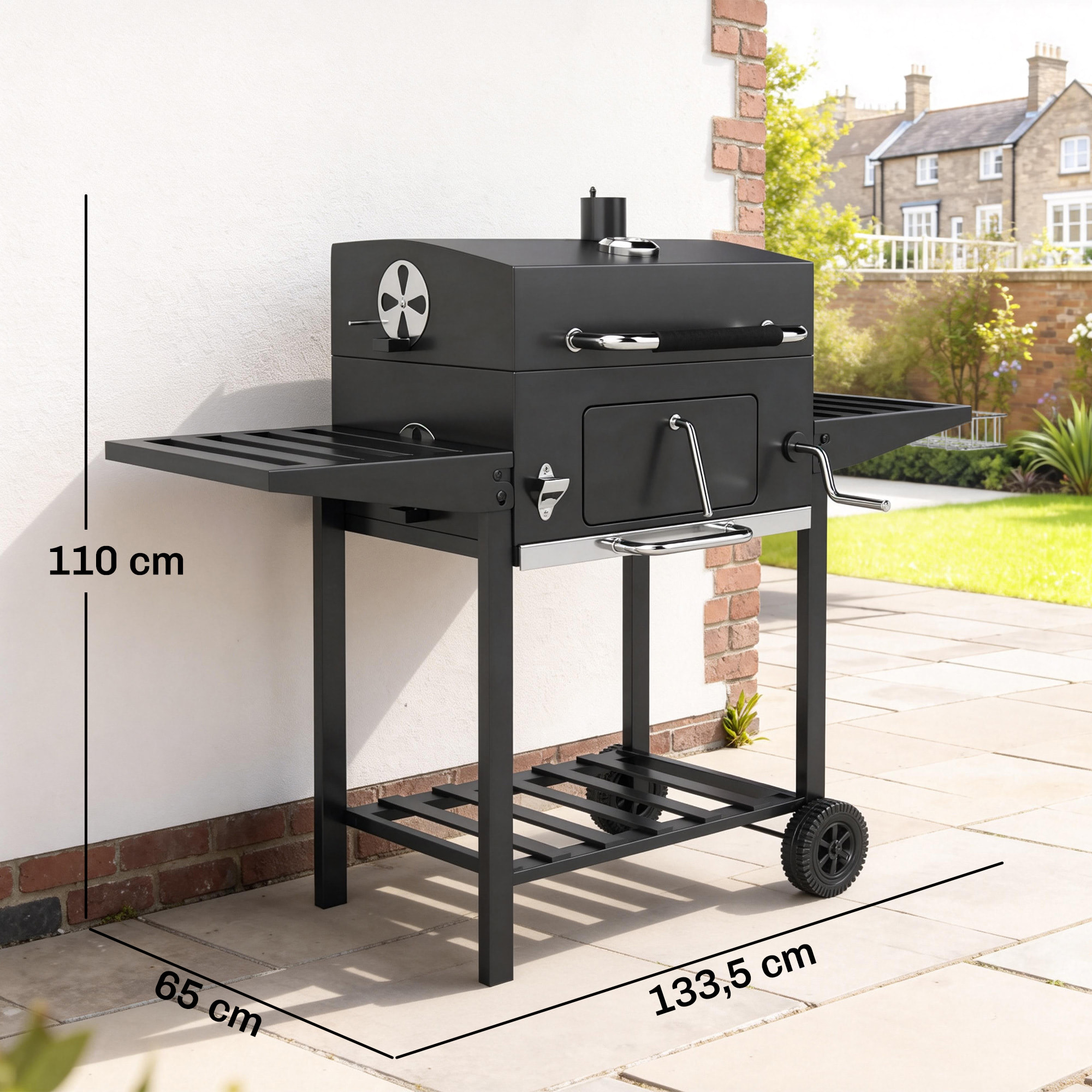 Barbacoa de Carbón Portátil, Barbacoa de Carbón Móvil con Bandeja Ajustable, Estantes Plegables, Termómetro, Tapa, Chimenea, Ventilaciones, Cajón de Cenizas, Ruedas, Cesta Lateral, Asa, Negro