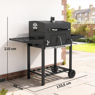 Barbacoa de Carbón Portátil, Barbacoa de Carbón Móvil con Bandeja Ajustable, Estantes Plegables, Termómetro, Tapa, Chimenea, Ventilaciones, Cajón de Cenizas, Ruedas, Cesta Lateral, Asa, Negro