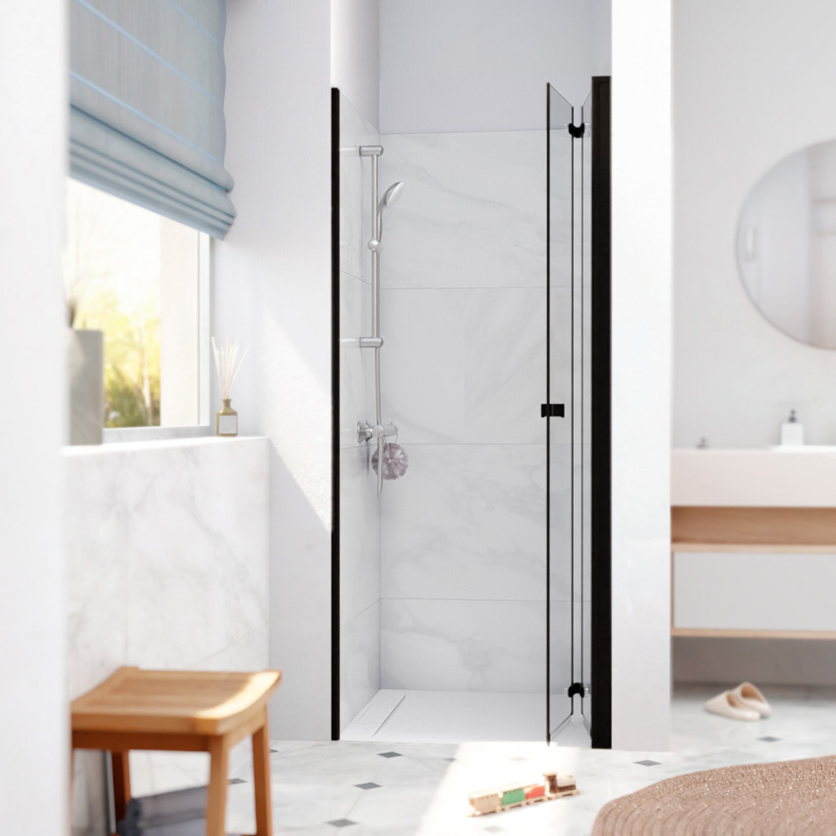 SK Porte de douche 80x196cm pliante anticalcaire avec profilé noir mat (SATSK80NIKAC)