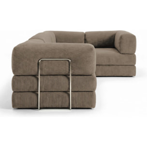 TRENDY - Canapé compressé 5 places angle modulable en velours côtelé taupe