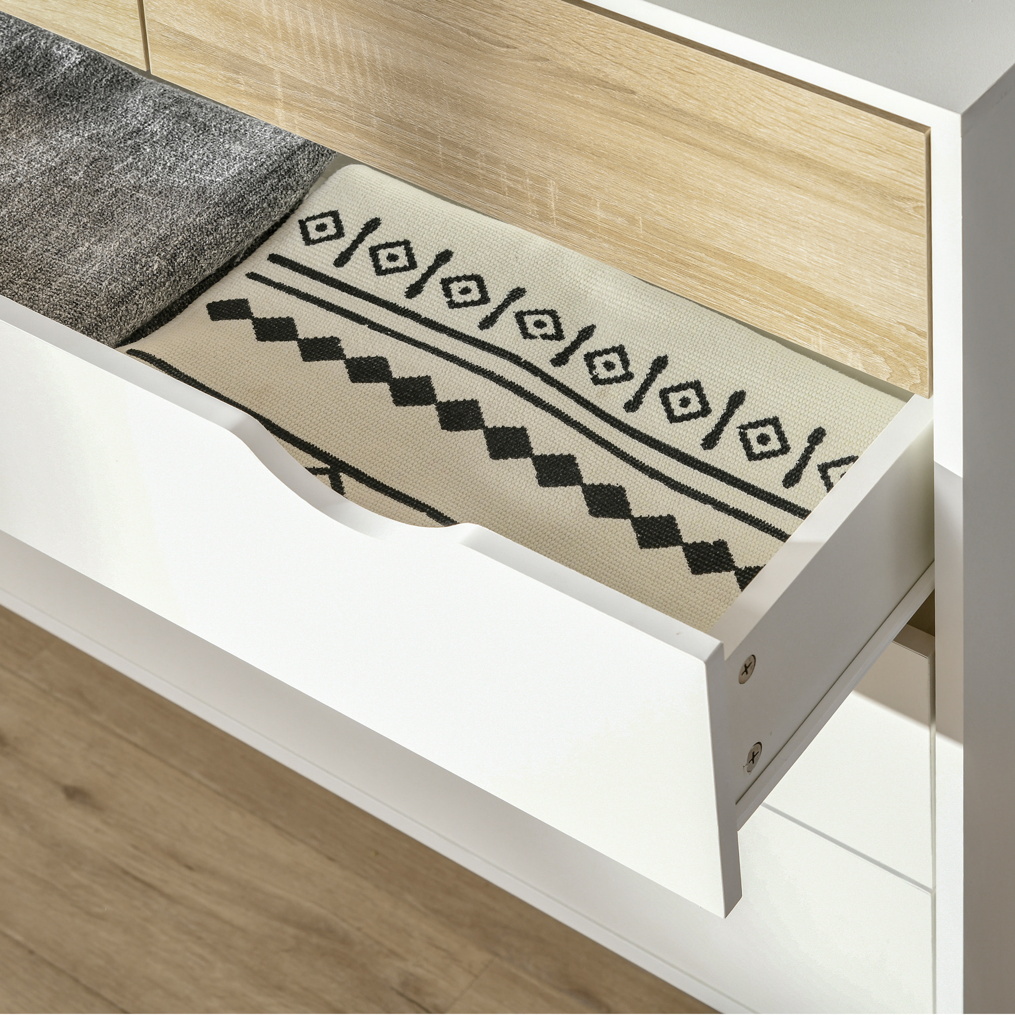 Cómoda con 5 Cajones, Cómoda Dormitorio con Patas Elevadas de Madera, Cajonera para Salón, Oficina, Estilo Nórdico, 99x39x101 cm, Blanco y Roble