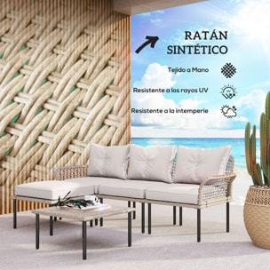 Conjunto de Jardín Exterior de Ratán Sintético de 5 Piezas Muebles de Jardín Exterior Incluye 2 Sofás Esquineras 1 Sofá de Exterior 1 Taburete 1 Mesa de Centro con Cojines Crema