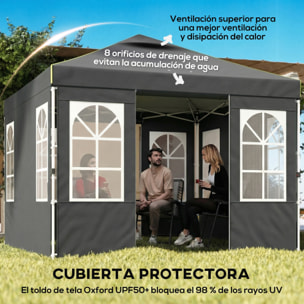 Carpa Plegable 3x3 m, Pop-up, con 4 Laterales Extraíbles, Cenador de Jardín con UPF50+, Bloqueo Central, Altura Ajustable, Bolsa de Transporte, Sacos Arena, Gazebo para Exterior, Gris Oscuro