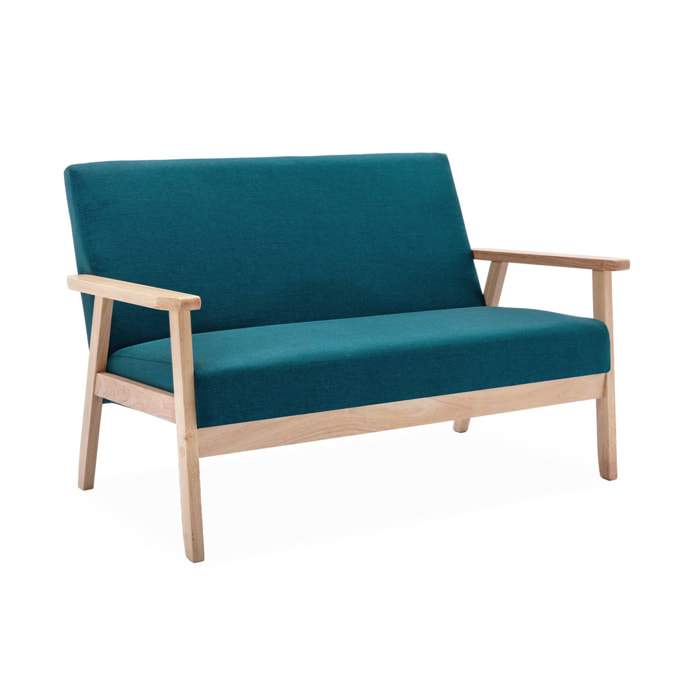 Banquette canapé en bois et tissu bleu pétrole. Isak. L 114 x P 69.5 x H 73cm