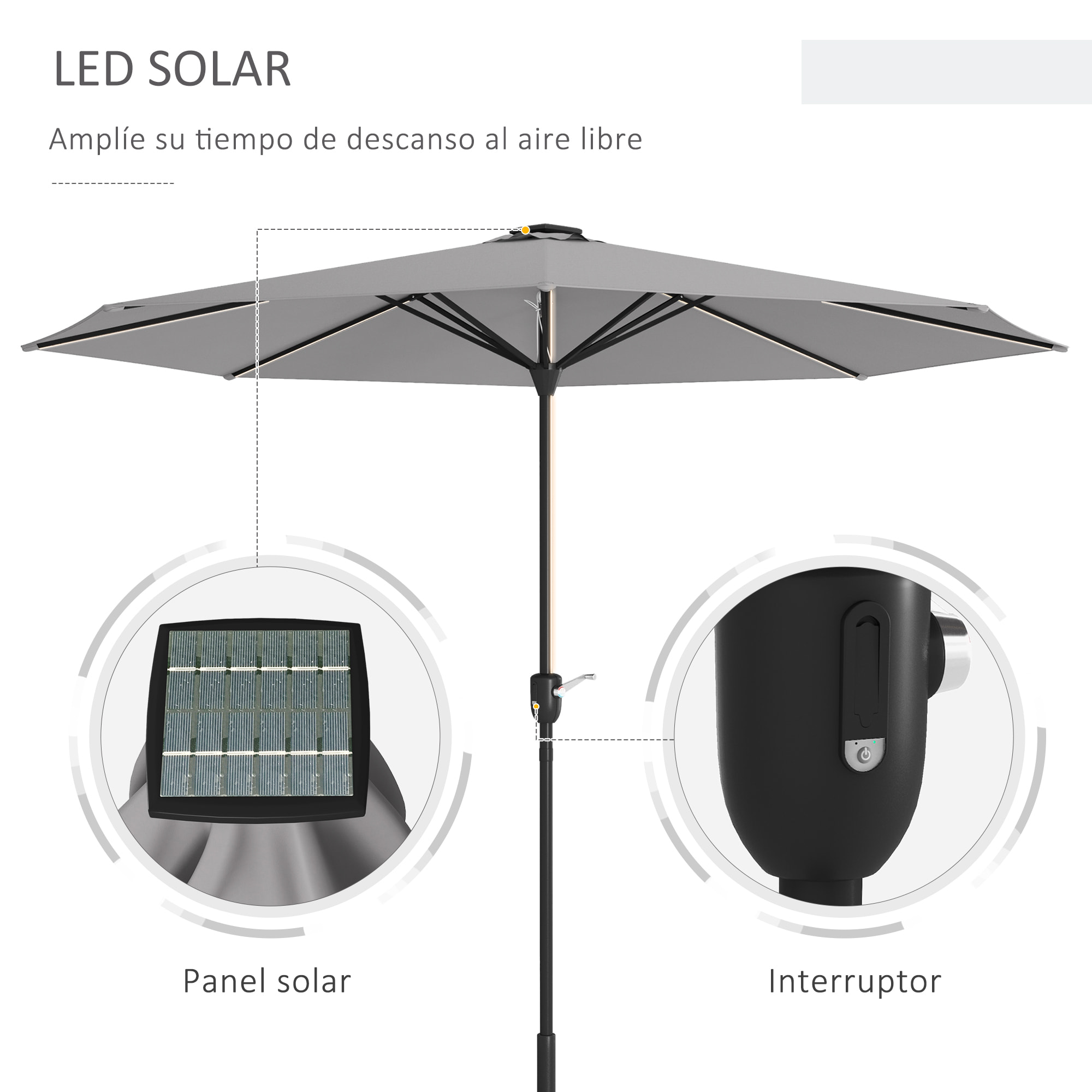 Sombrilla de Jardín Ø265x240 cm Parasol de Terraza con Luces LED Solares Manivela e Impermeable para Piscina Patio Gris Claro