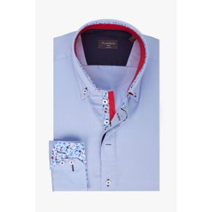 Camicia Uomo 2 Bottoni Button Down Slim Satin Unito Celeste