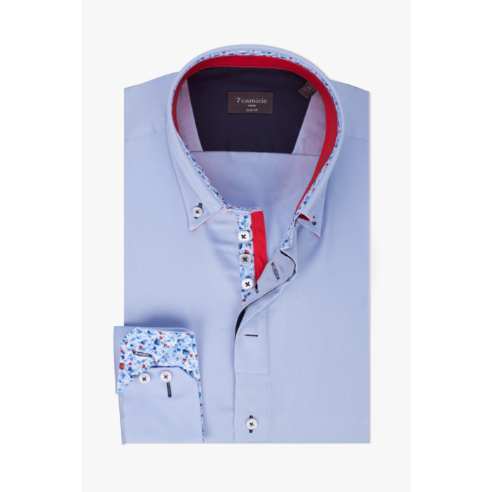 Camicia Uomo 2 Bottoni Button Down Slim Satin Unito Celeste