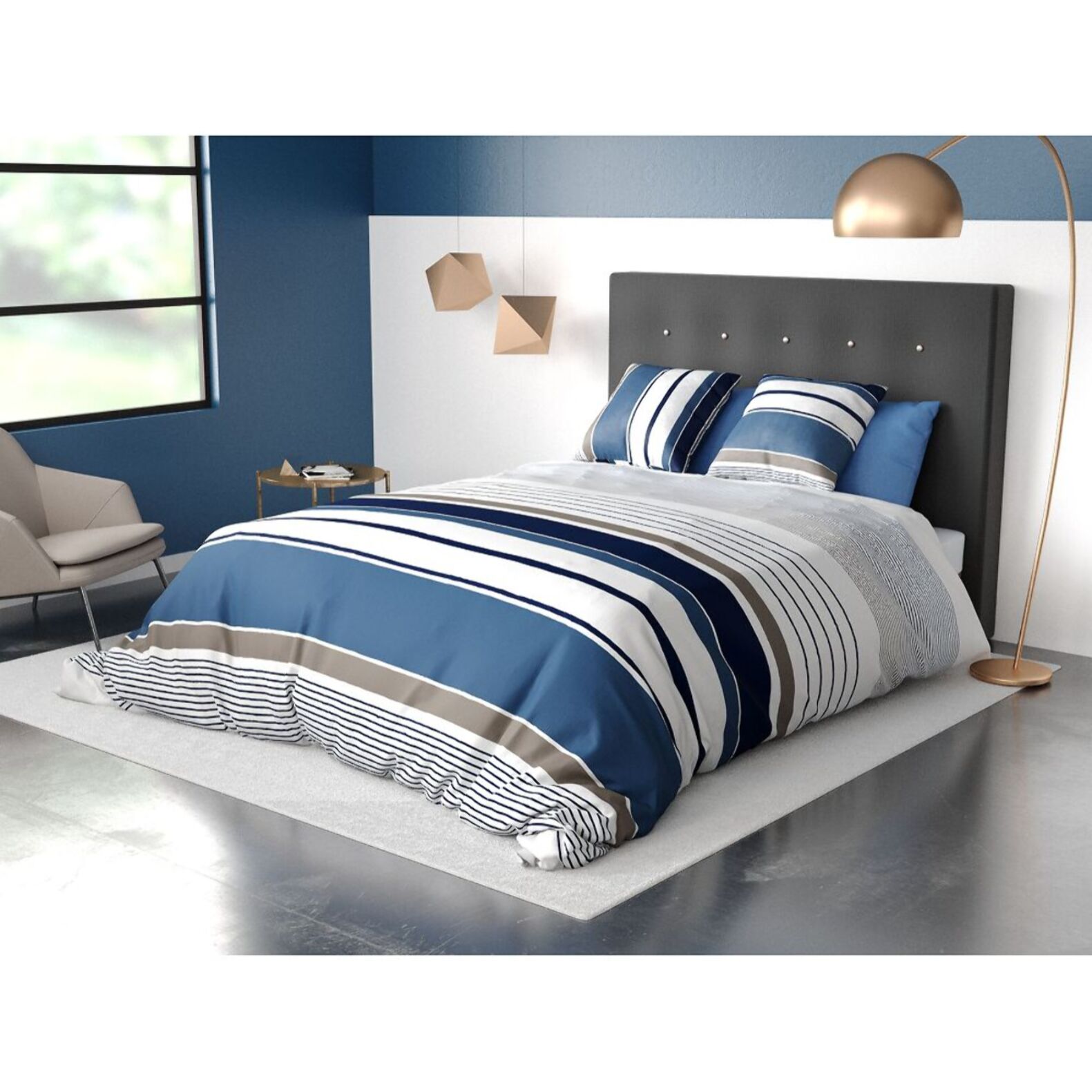 Parure housse de couette coton bleu gris