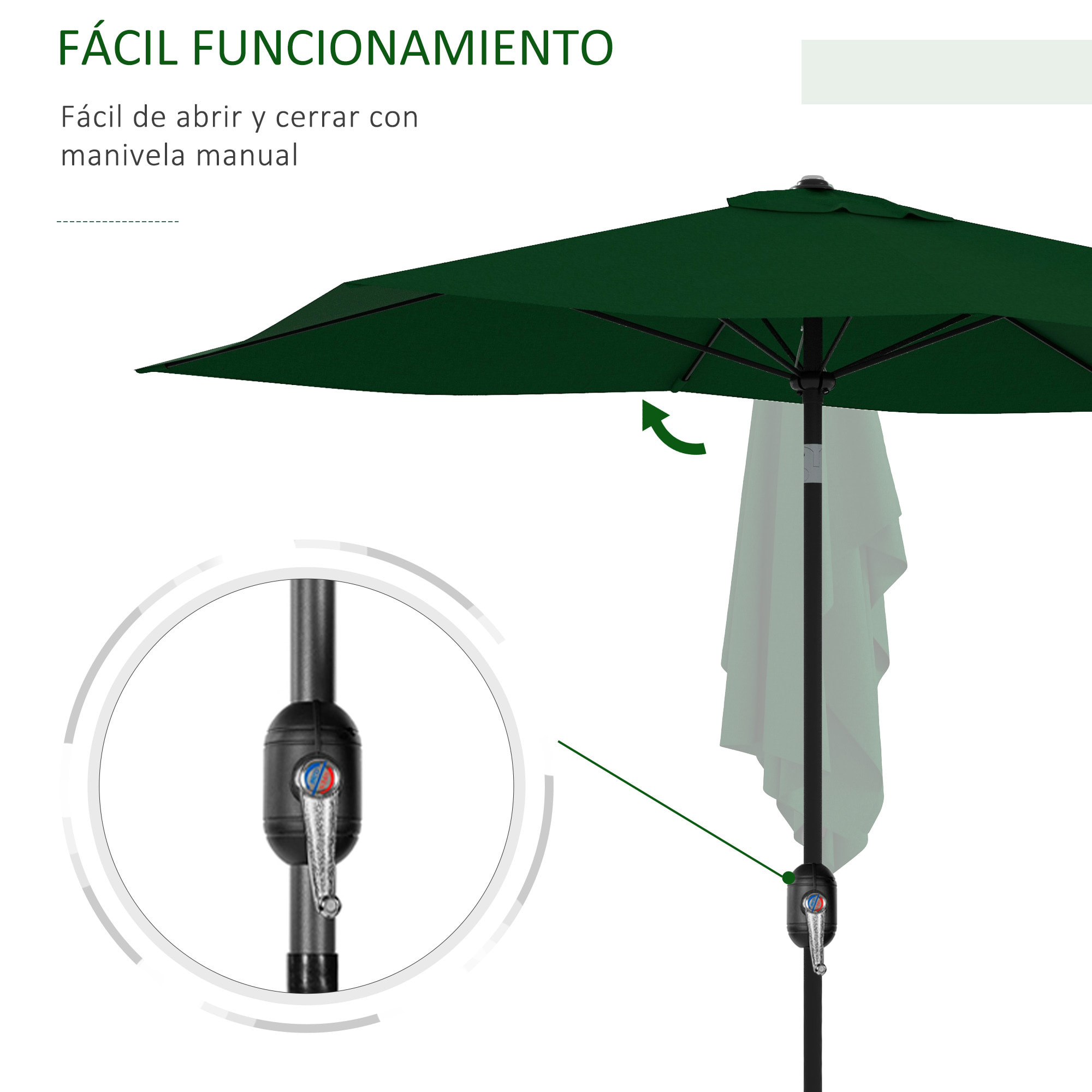 Sombrilla de Jardín 300x200x248 cm Parasol de Terraza con 6 Varillas Apertura Manual Anti-UV y Ángulo Ajustable para Jardín Piscina Verde