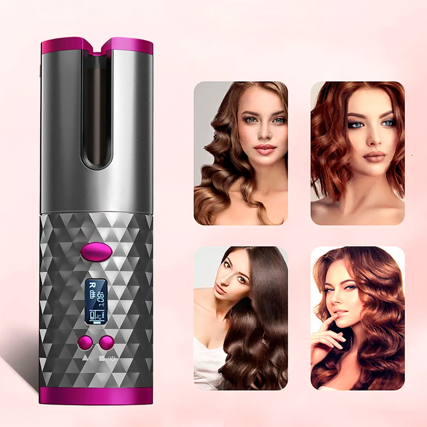 Rizador de pelo portátil con giro automático, temperatura ajustable y 6 ajustes de temporización.