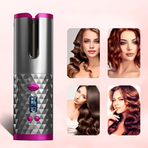 Rizador de pelo portátil con giro automático, temperatura ajustable y 6 ajustes de temporización.