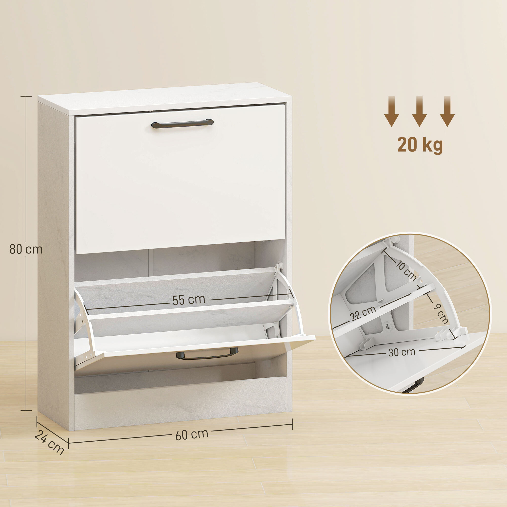 Zapatero Estrecho 2 Puertas de Alto Brillo, Zapatero Entrada Recibidor, Estantes Ajustables, Diseño Mármol, para 8 Pares de Zapatos, para Pasillo, Espacios Reducidos, 60x24x80 cm, Blanco