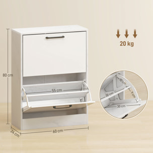 Zapatero Estrecho 2 Puertas de Alto Brillo, Zapatero Entrada Recibidor, Estantes Ajustables, Diseño Mármol, para 8 Pares de Zapatos, para Pasillo, Espacios Reducidos, 60x24x80 cm, Blanco