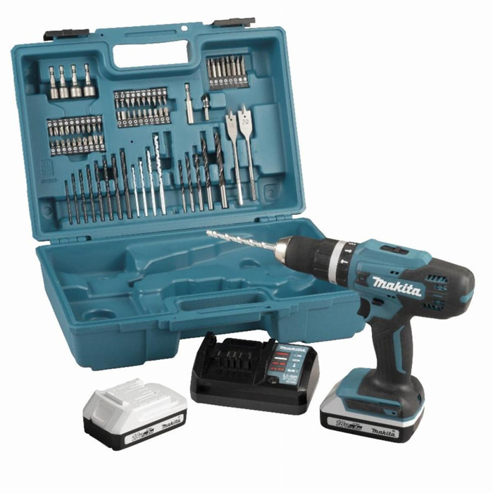 Taladro de impacto 18V 42Nm MAKITA 2 baterías BL1820G + cargador + 74 piezas - HP488DAEX1