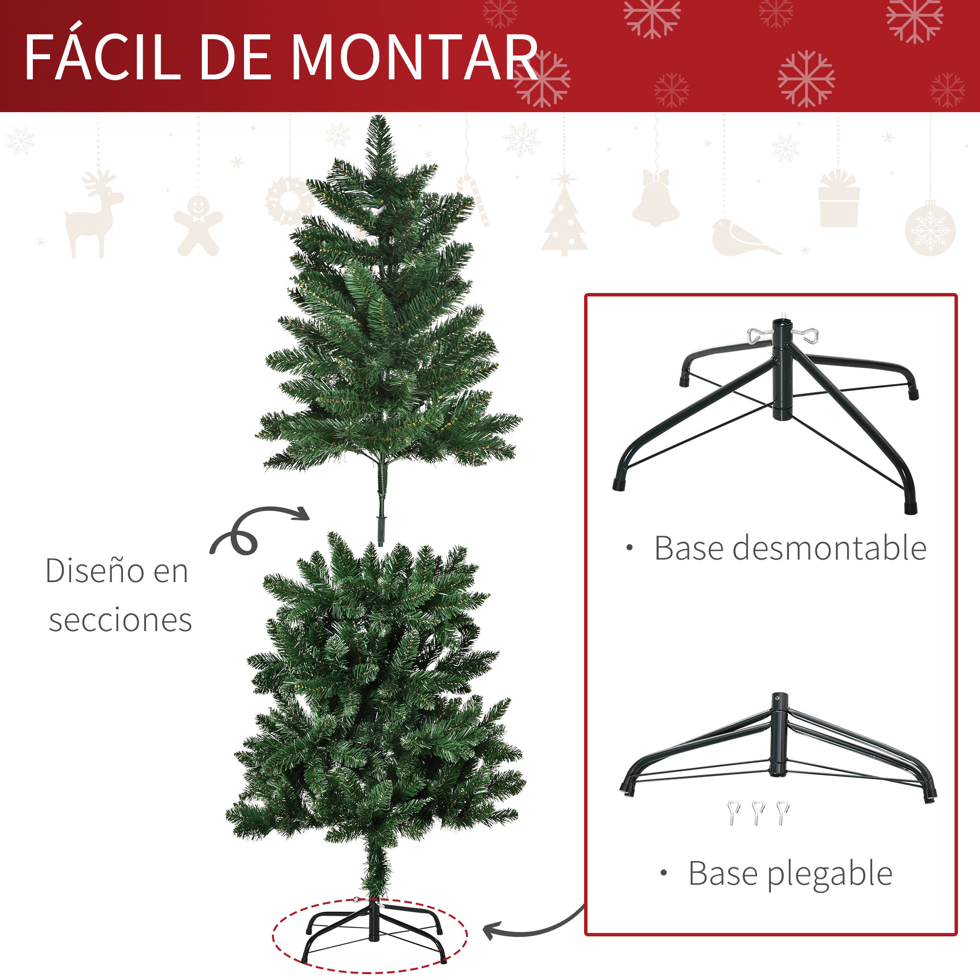 HOMCOM Árbol de Navidad Artificial 150 cm Ignífugo con 454 Ramas con 2 Tipos de Puntas de PVC Base Plegable y Soporte de Acero Decoración Navideña de Interior Verde