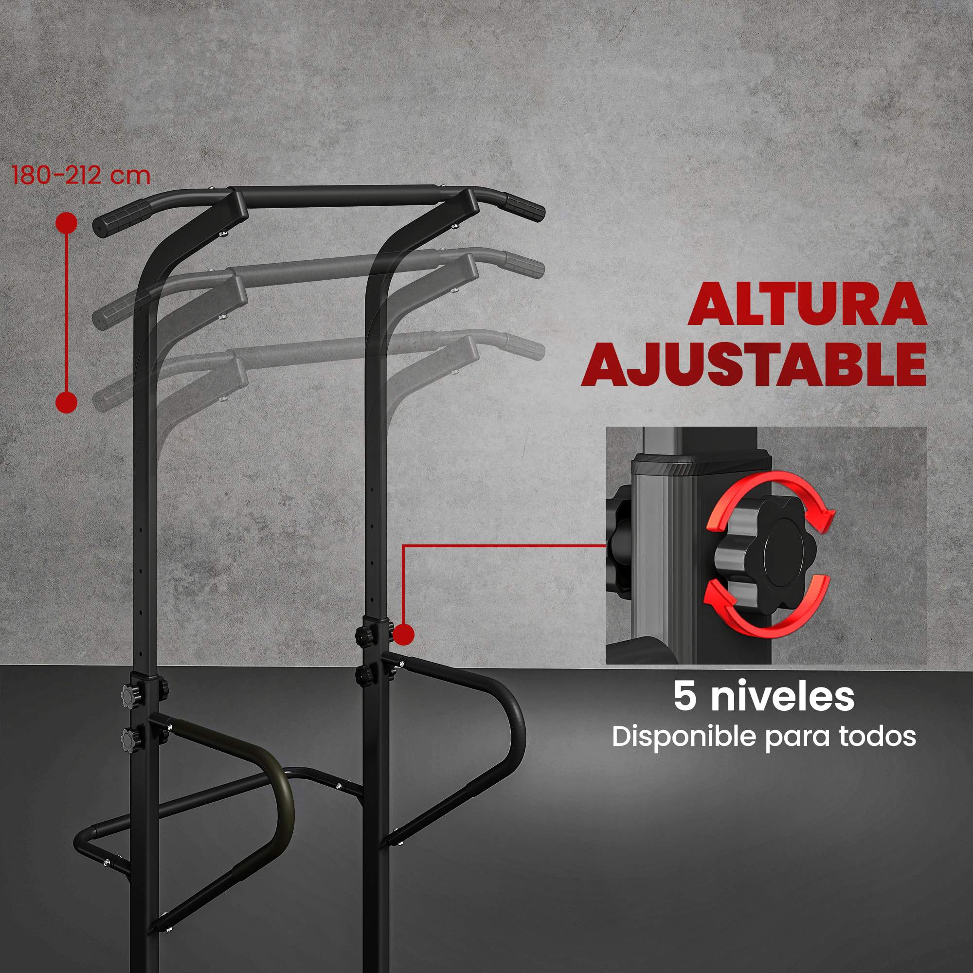 Barra de Dominadas Altura Regulable 180-212 cm, Estación de Fondos Resistente para Gimnasio en Casa, Máquina Dominadas Multifuncional, para Entrenamiento de Fuerza, Carga 120 kg